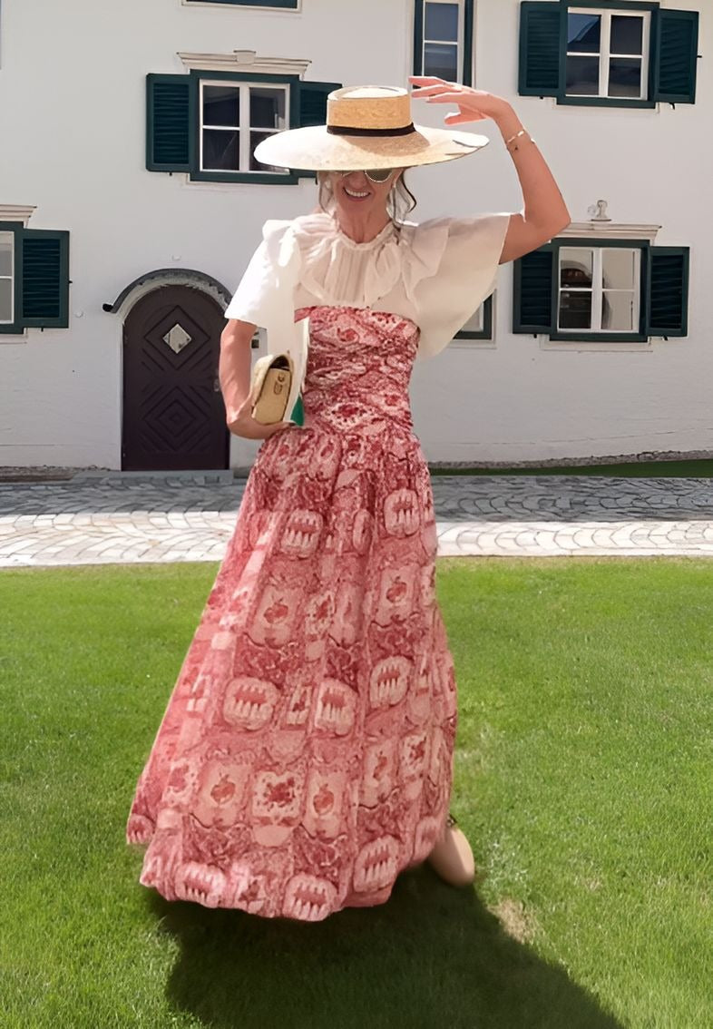 Red Printed Dress With Ruffled Collar