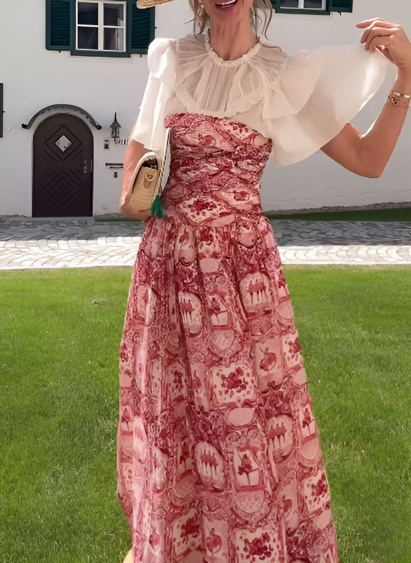 Red Printed Dress With Ruffled Collar