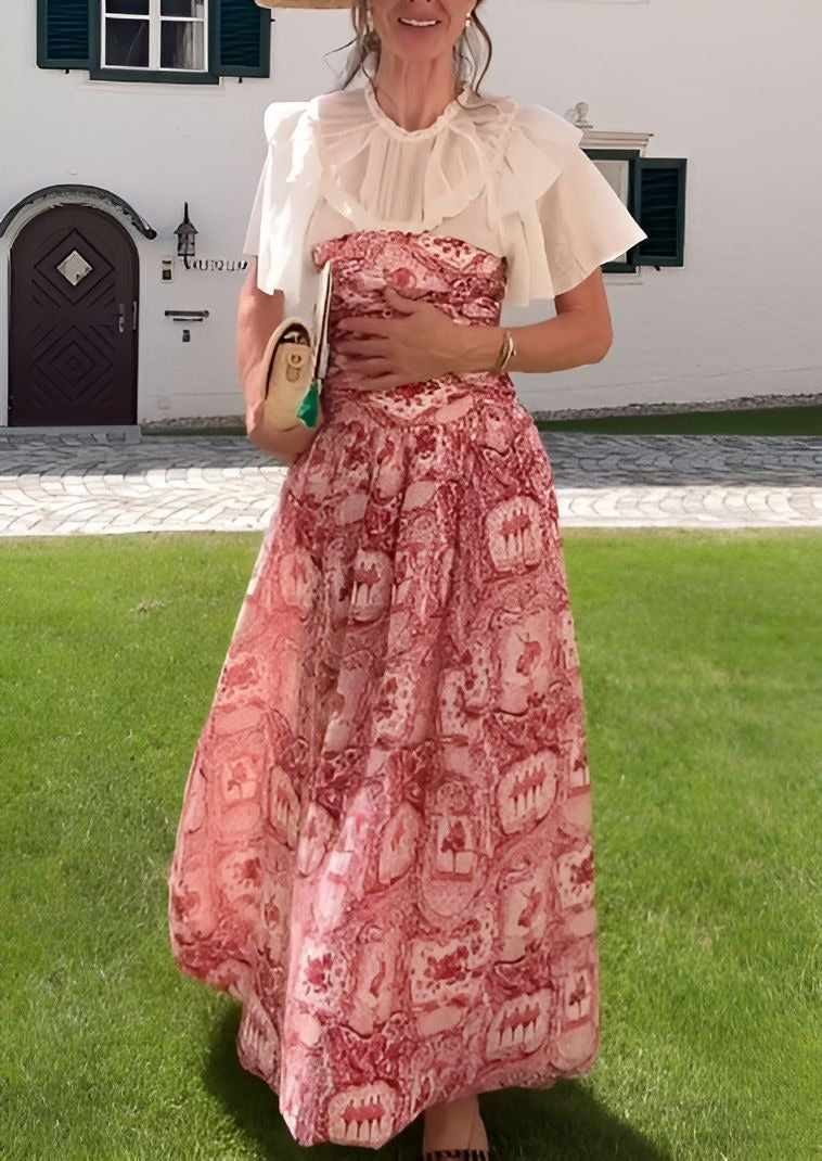 Red Printed Dress With Ruffled Collar