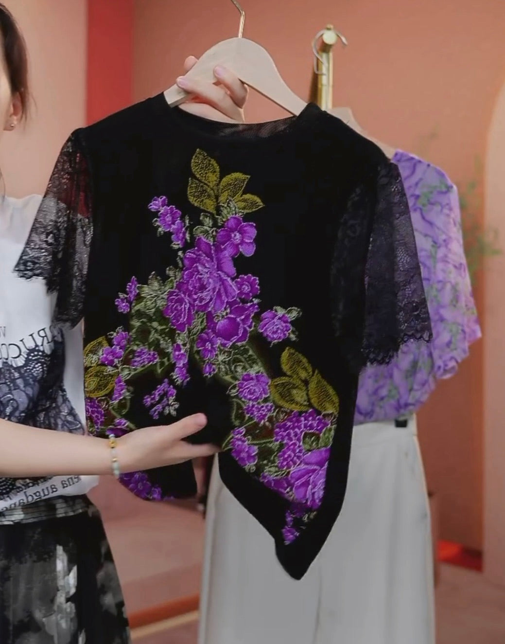 Purple Flower Print Short Sleeve Top