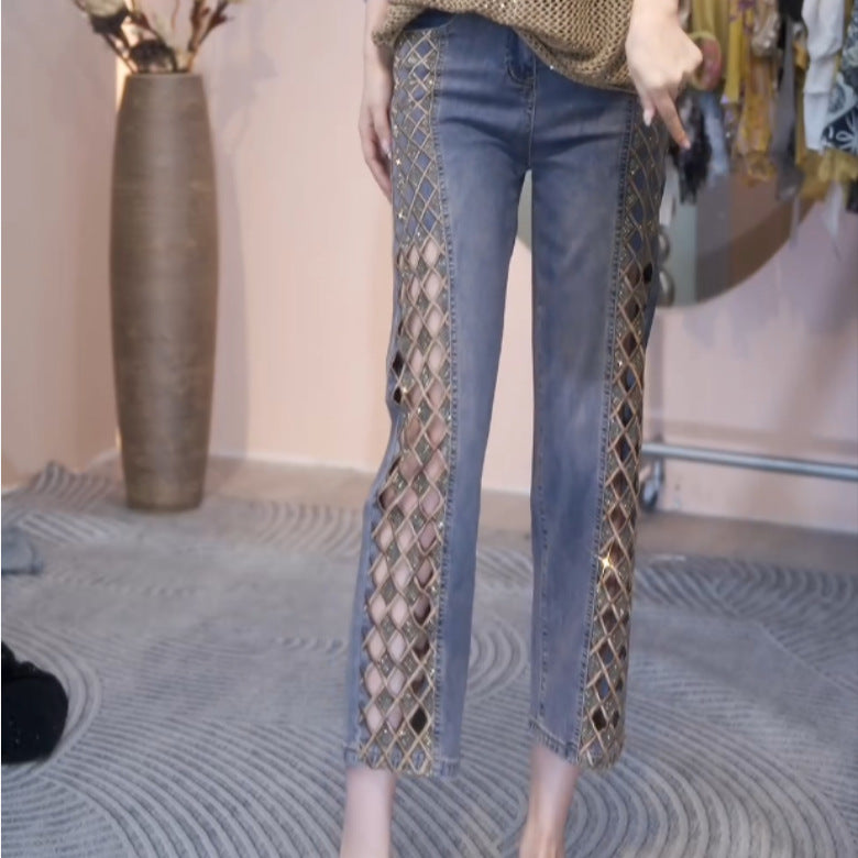 Summer Diamond Grid Fashion Rhinestone Hollow-Out Jeans
