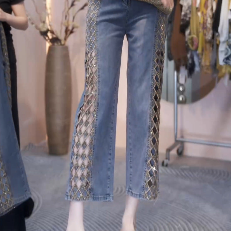 Summer Diamond Grid Fashion Rhinestone Hollow-Out Jeans