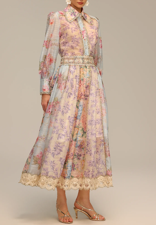 Long Sleeve Floral Printed Lace Top And Skirt Two-Piece Set