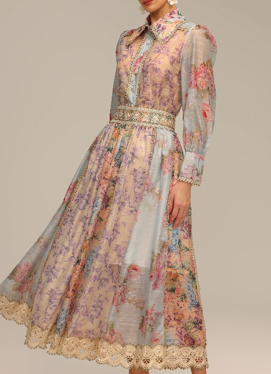 Long Sleeve Floral Printed Lace Top And Skirt Two-Piece Set