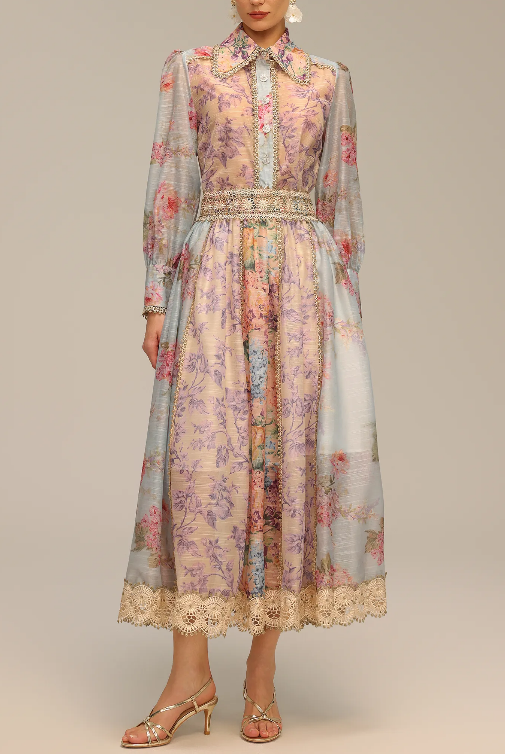 Long Sleeve Floral Printed Lace Top And Skirt Two-Piece Set