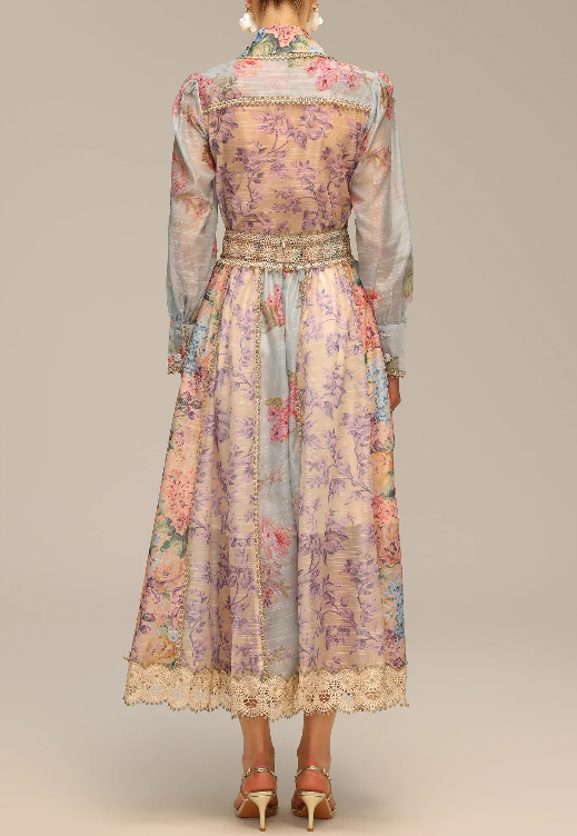 Long Sleeve Floral Printed Lace Top And Skirt Two-Piece Set