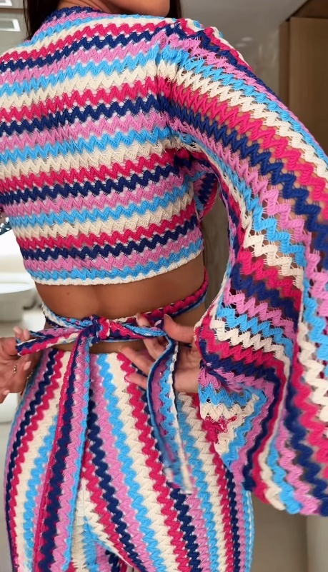 Beach Vacation Knit Two-Piece Set (Long-Sleeve Top & Pants)