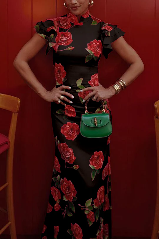 Rose Floral Print Maxi Dress