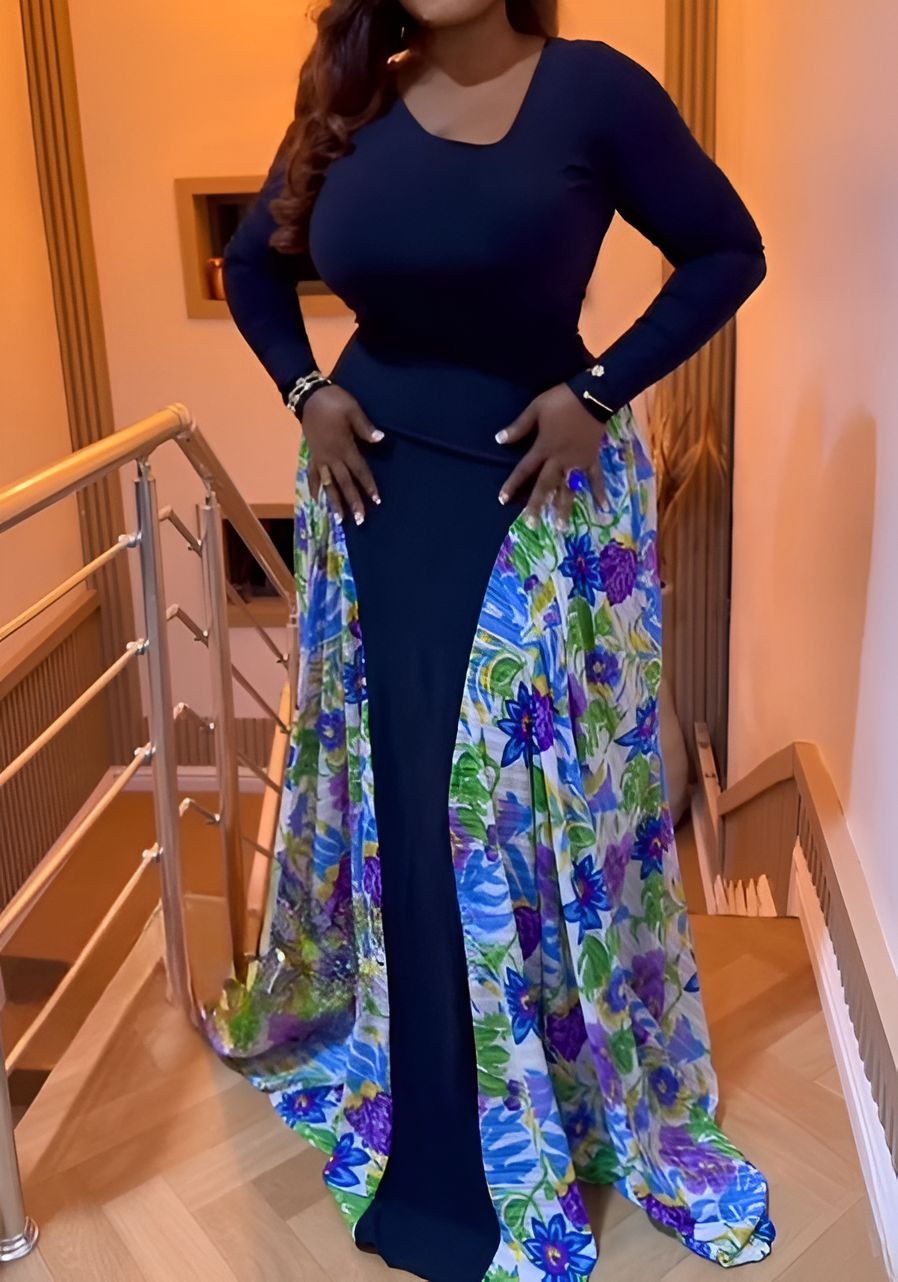 Navy Blue Printed Maxi Dress