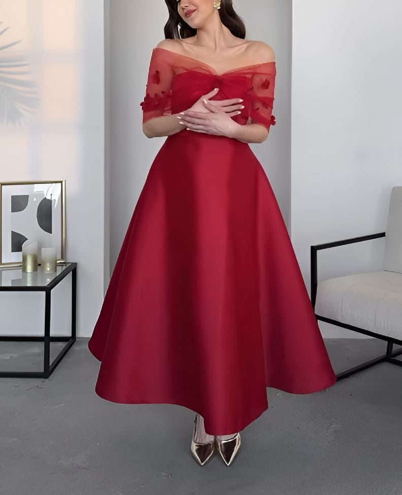 Red Elegant Mesh Off-Shoulder Dress