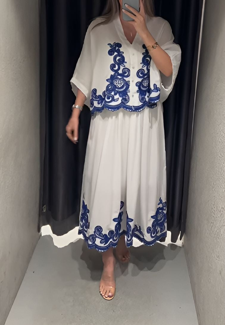 Blue Embroidered Print Skirt Suit