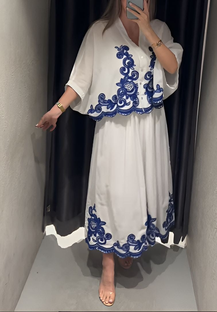 Blue Embroidered Print Skirt Suit