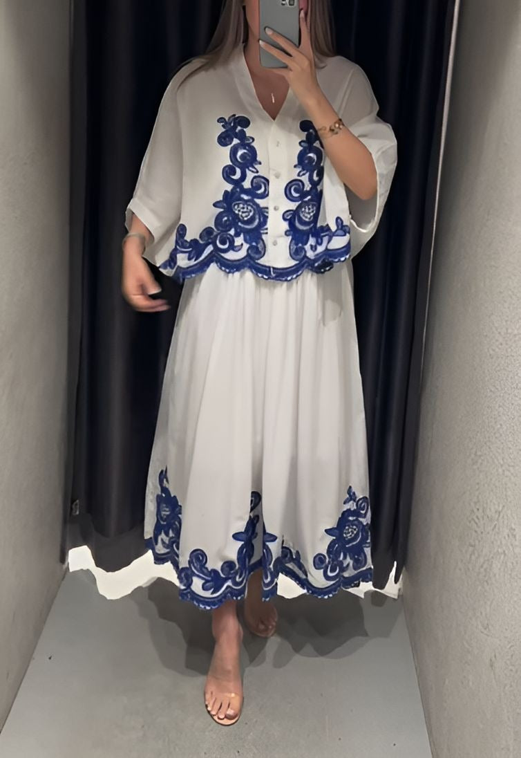Blue Embroidered Print Skirt Suit
