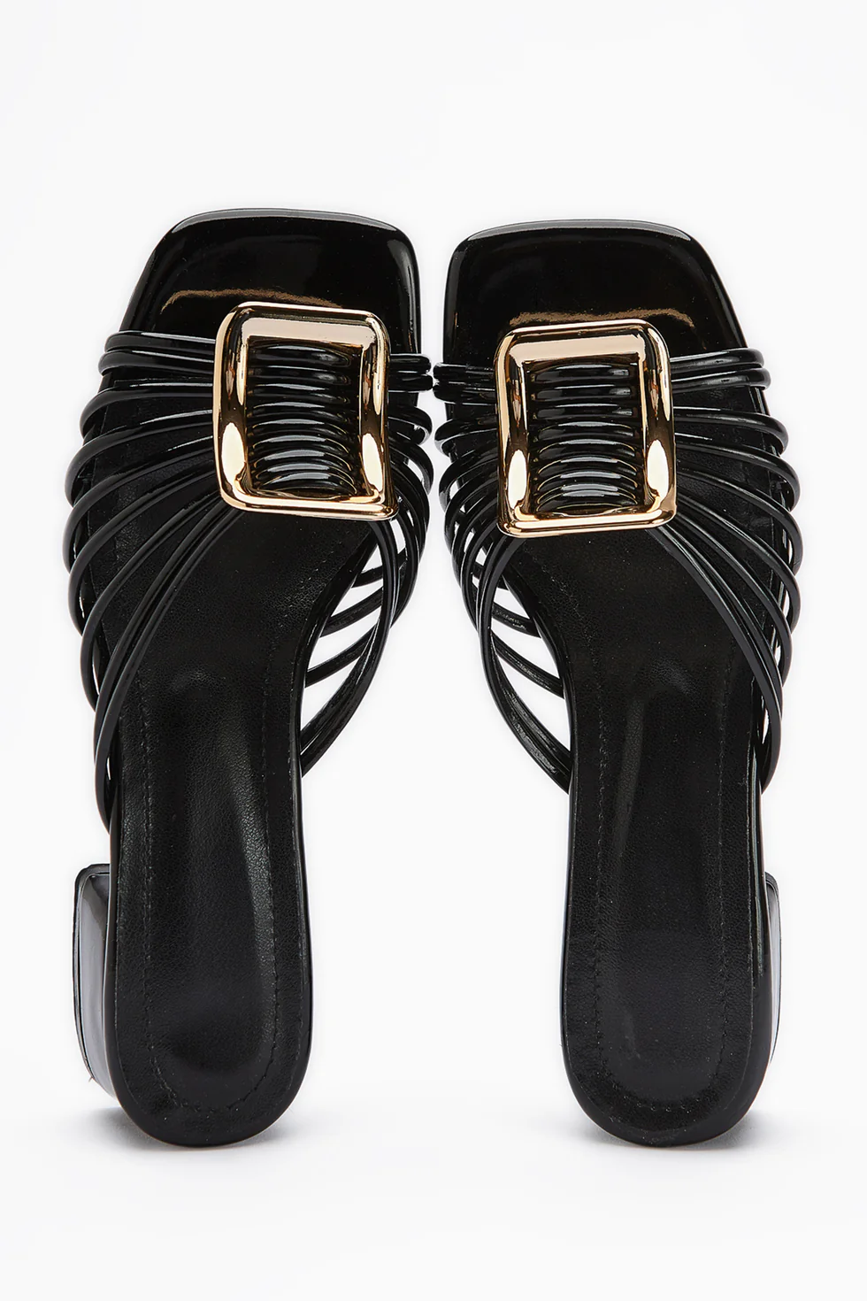 Black Patent Leather Thick Buckled Low Heeled Women Sandals