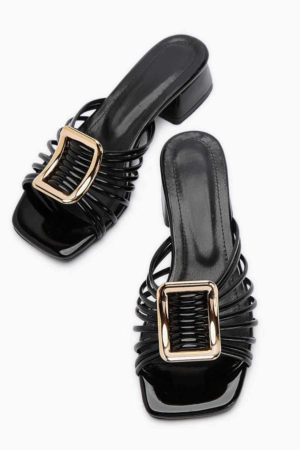 Black Patent Leather Thick Buckled Low Heeled Women Sandals