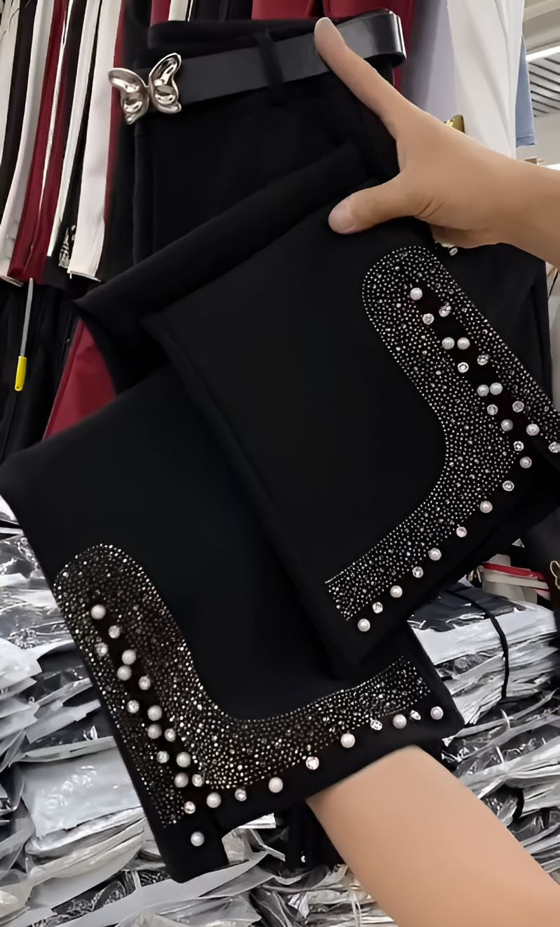Black Rhinestone Pearl High Stretch Pants