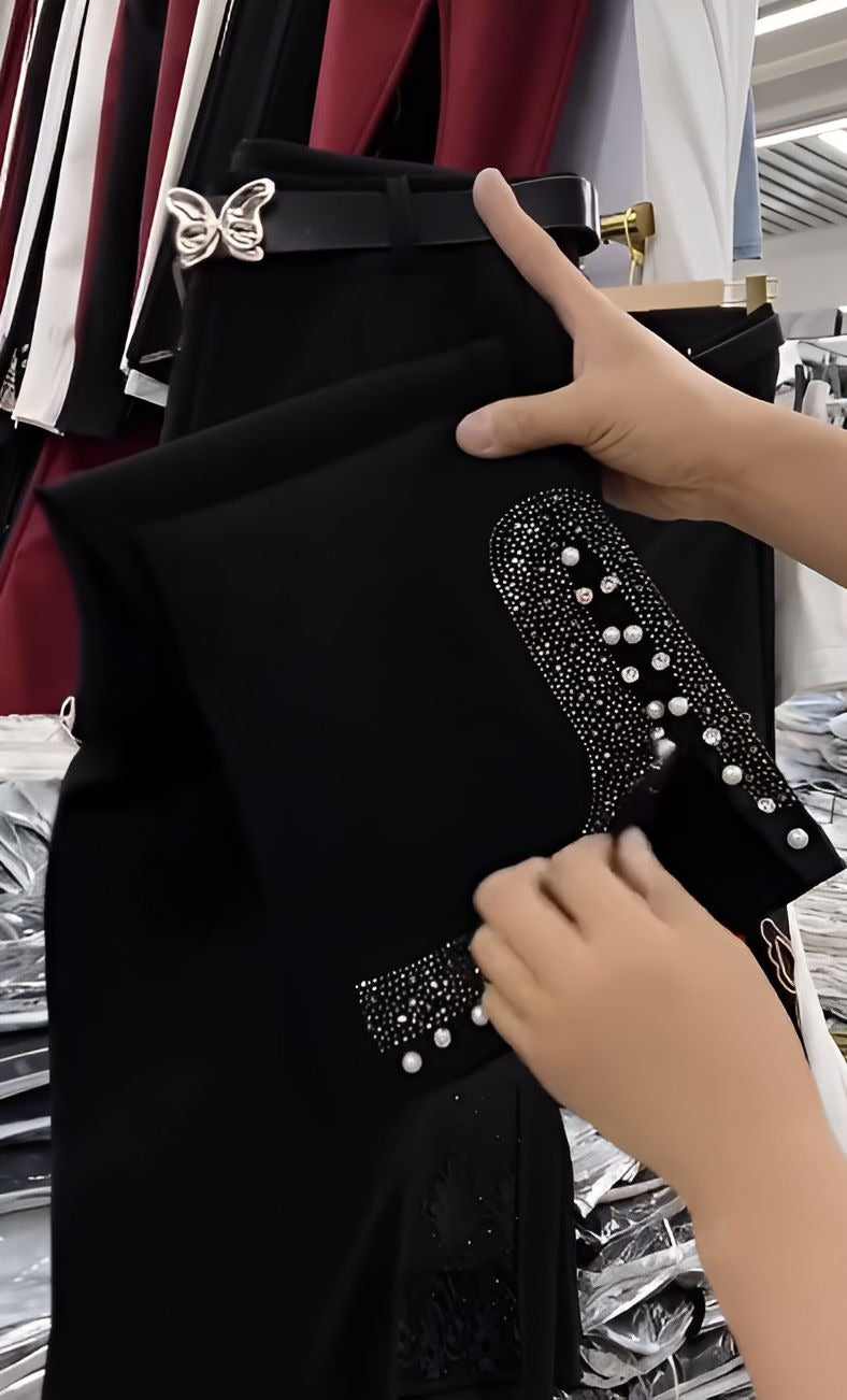 Black Rhinestone Pearl High Stretch Pants