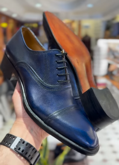 Textured Blue Men's Leather Shoes