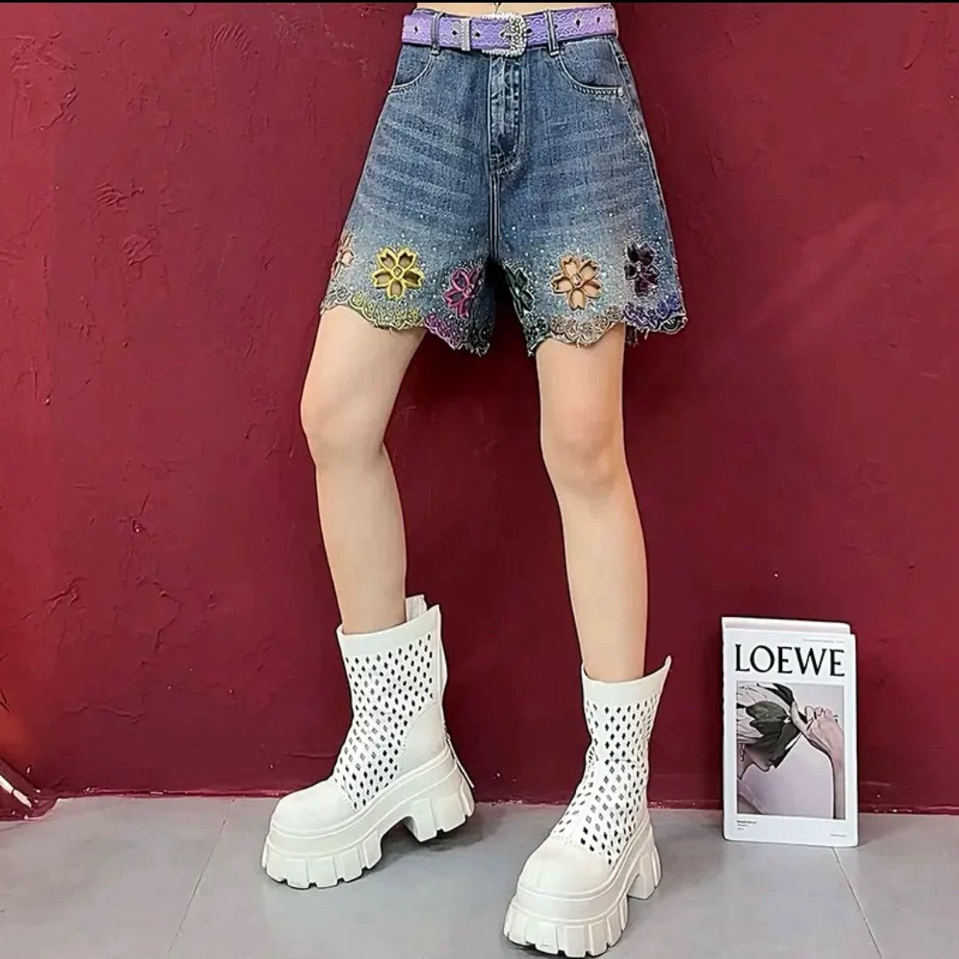 Colorful Floral Cut-Out Denim Shorts