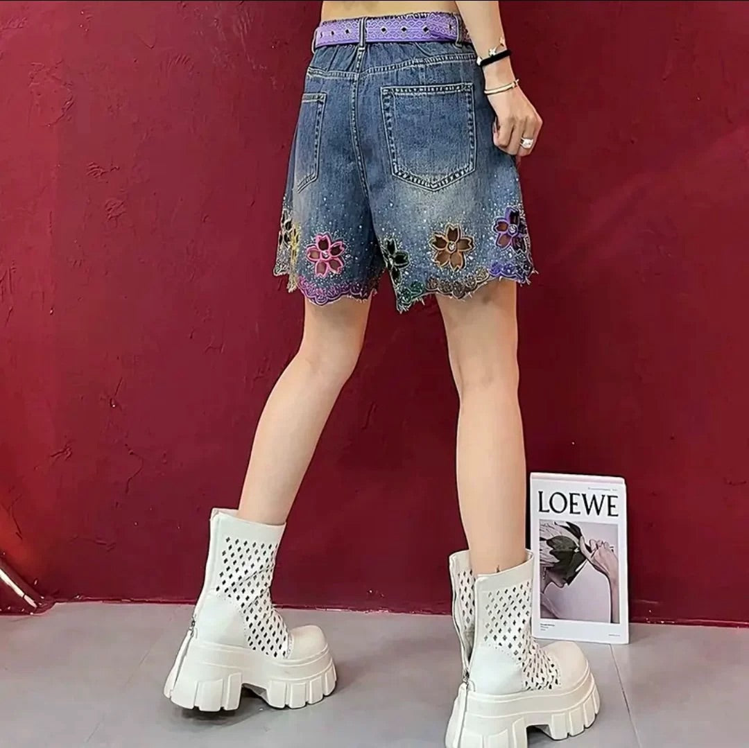Colorful Floral Cut-Out Denim Shorts