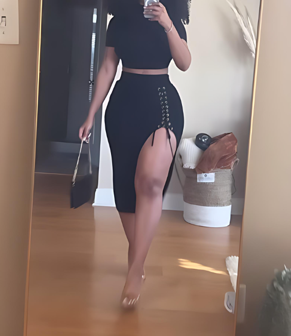 Black High Waist Slit Tie Skirt