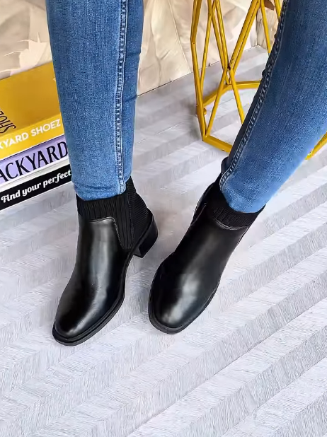 Soft Leather Chelsea Block Heel Knitted Ankle Boots