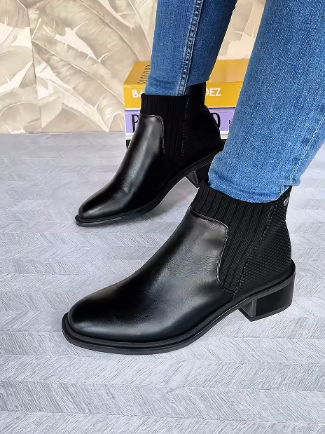 Soft Leather Chelsea Block Heel Knitted Ankle Boots