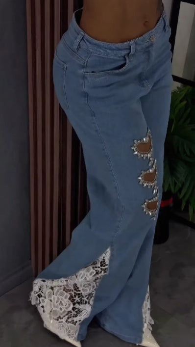 Women's Heart Sparkling Rhinestone Lace Jeans