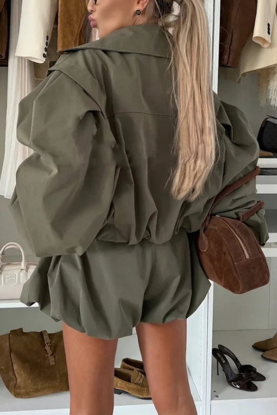 Fashion Button Long Balloon Sleeve Casual Bomber Jacket