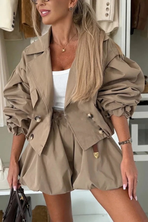 Fashion Button Long Balloon Sleeve Casual Bomber Jacket