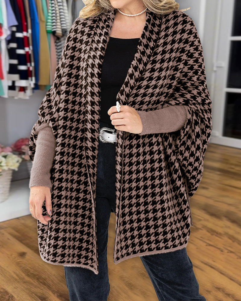 Women's Comfortable Houndstooth Knit Cape