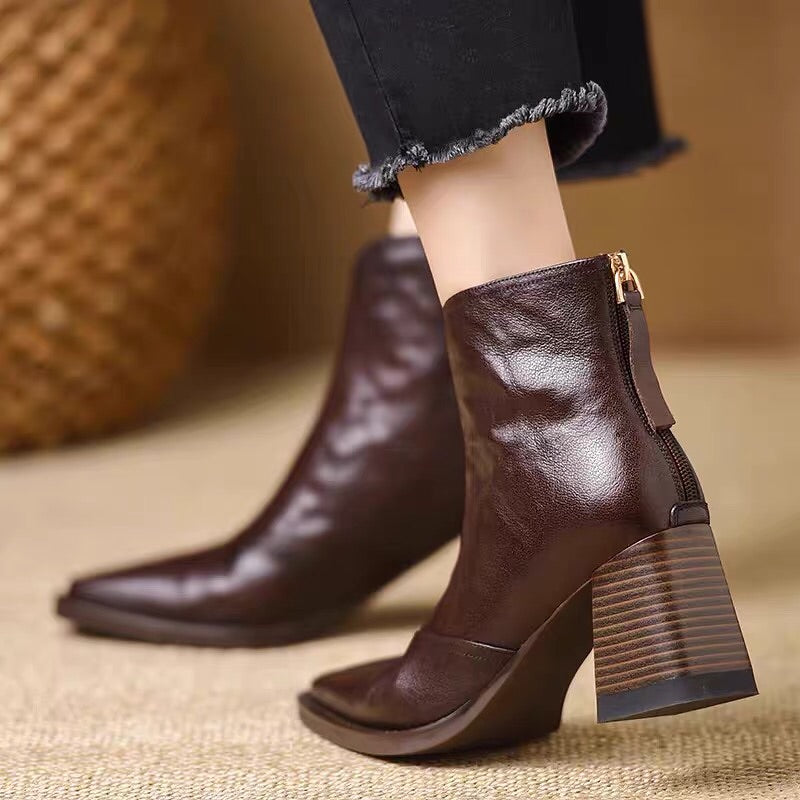 Retro Block Heel Zipper Ankle Boots