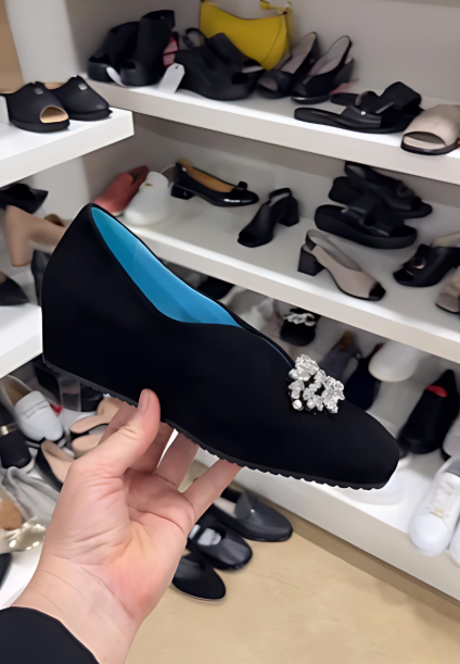 Women's Black Suede Rhinestone Heel-Enhancing Shoes