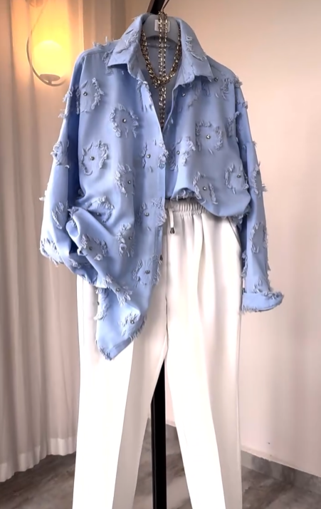 Blue Comfortable Rhinestone Shirt