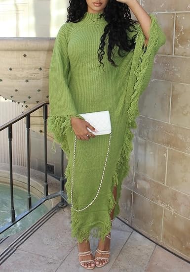 Women Fringe Turtleneck Long Sweater Dress