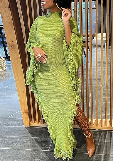 Women Fringe Turtleneck Long Sweater Dress