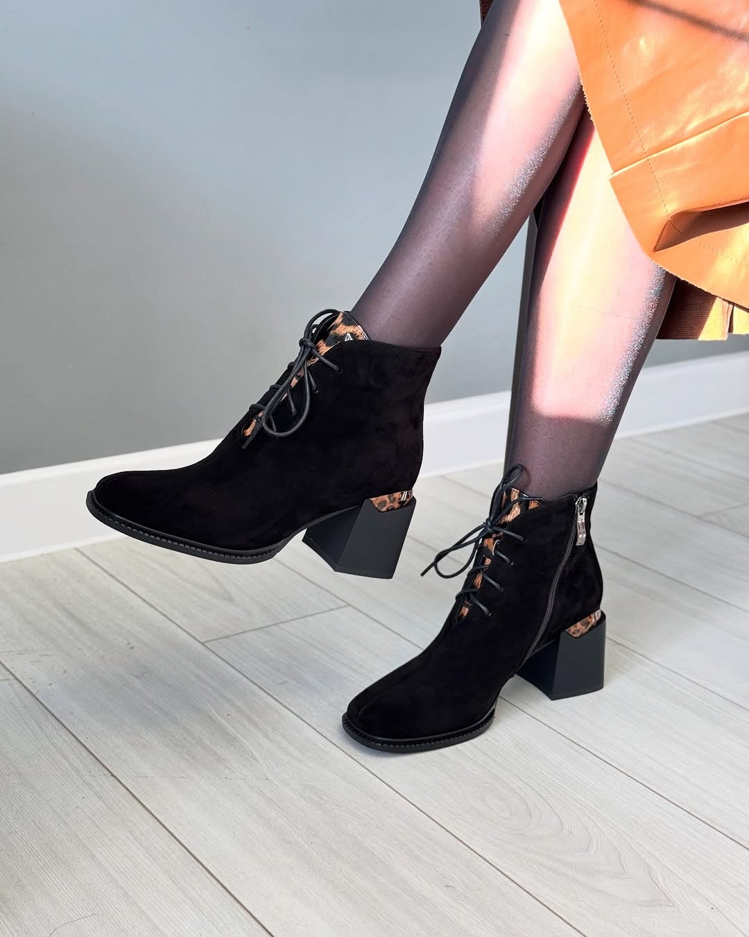 Black leopard suede detail square heel boots