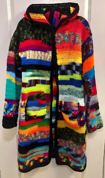 Colorful hand-knit hooded cardigan