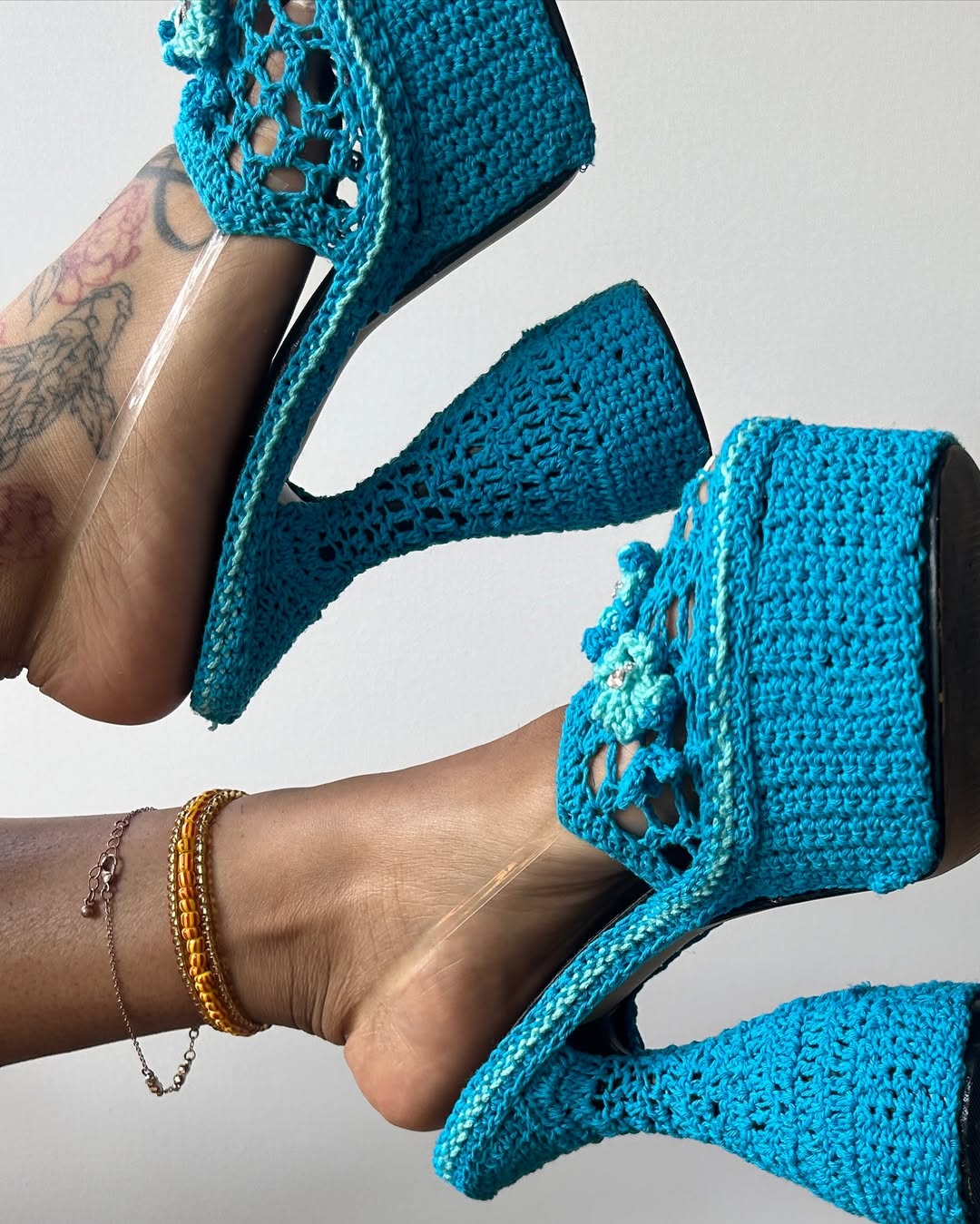 Blue knitted high heels