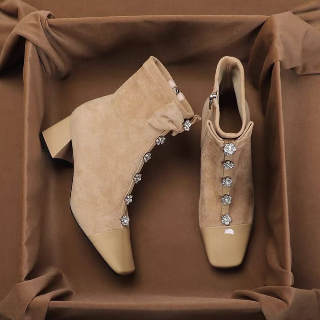 Bowknot rhinestone chunky heel ankle boots