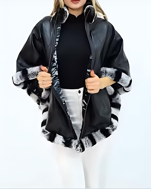 Women's Fur and Leather Patchwork Cape Coat