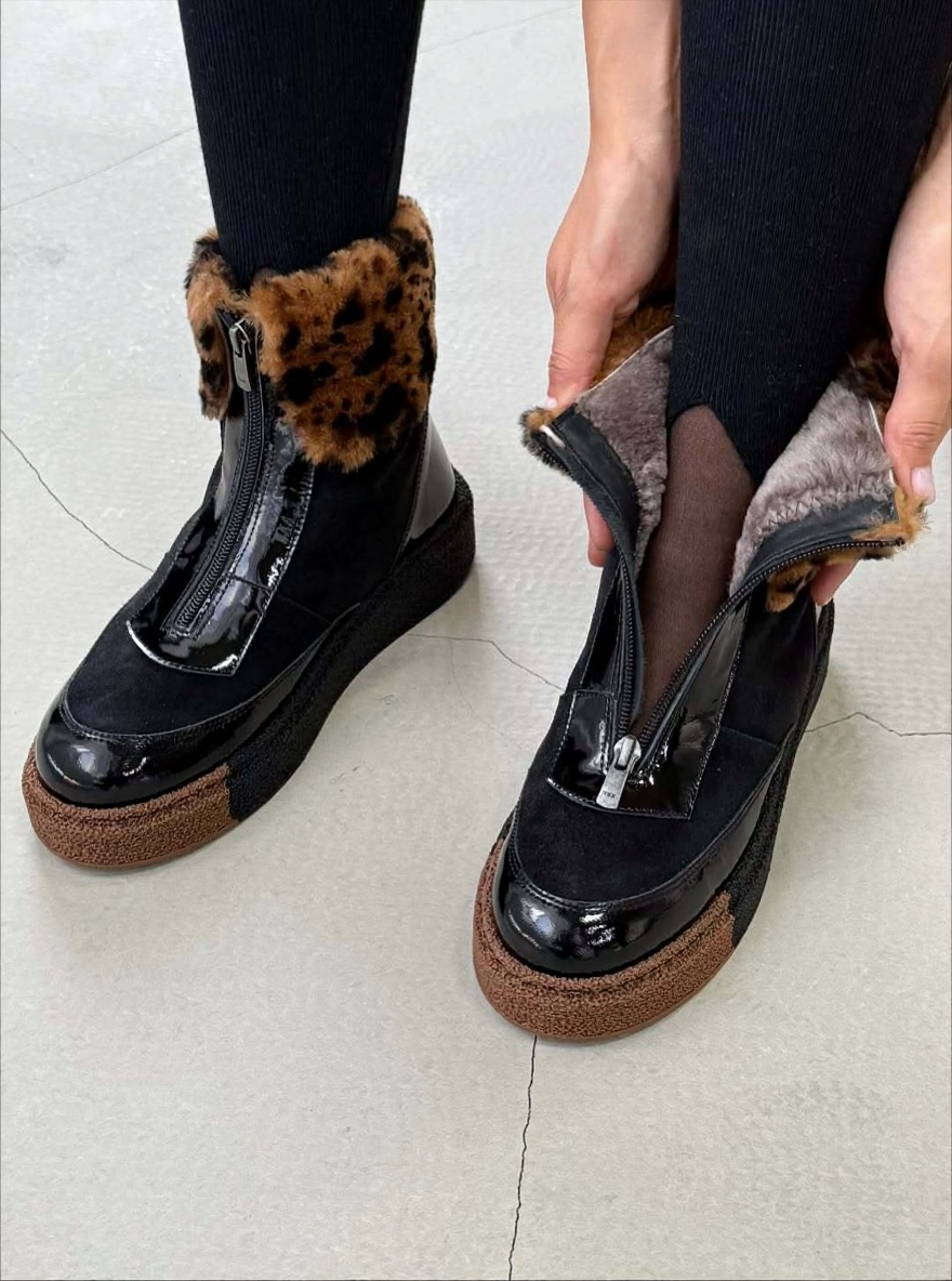 Leopard Print Fleece-Lined Zipper Ankle Boots