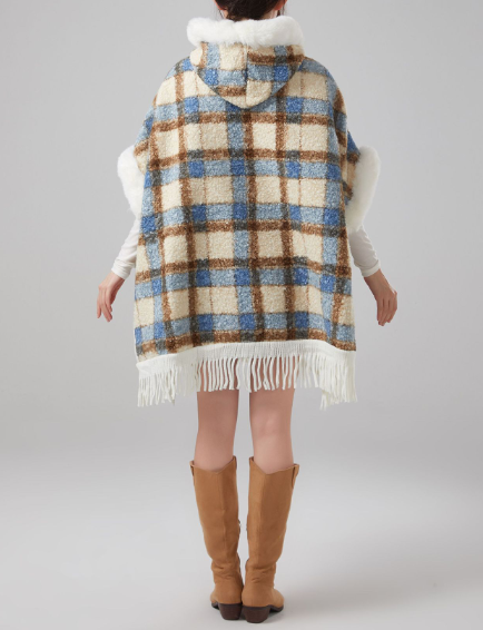 Faux rabbit fur hooded cape coat