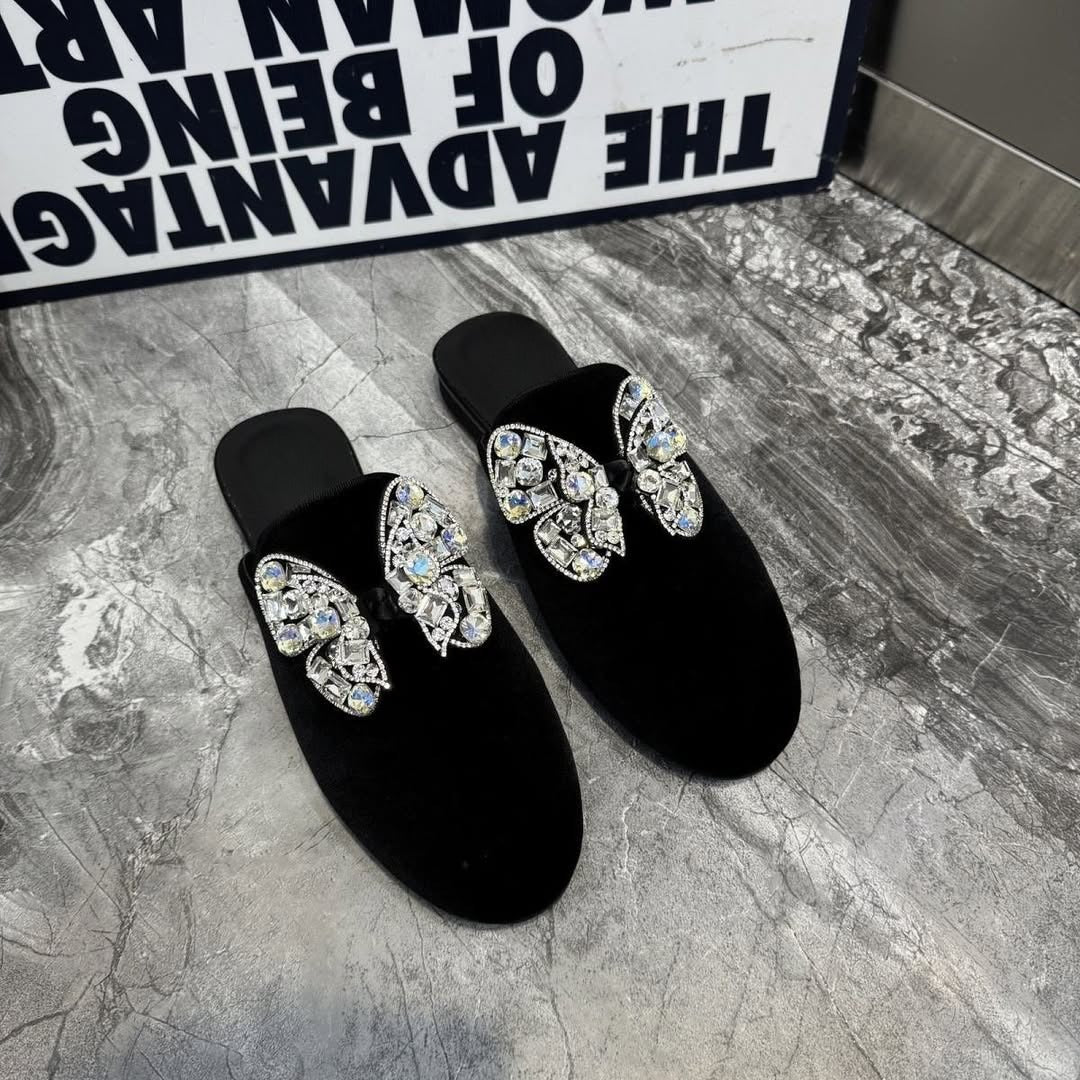 Butterfly Rhinestone Suede Slippers