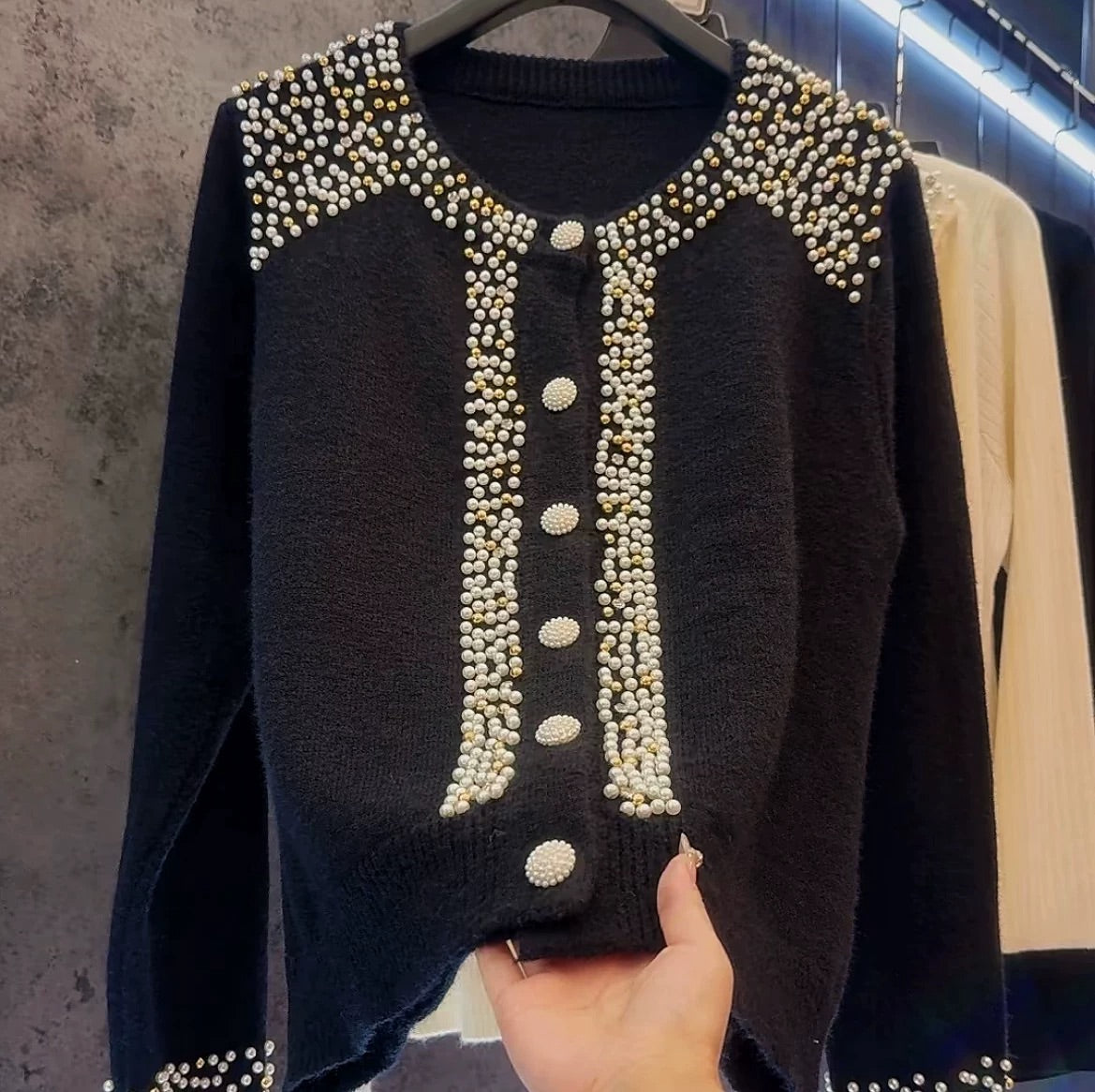 Pearl round neck button cardigan sweater