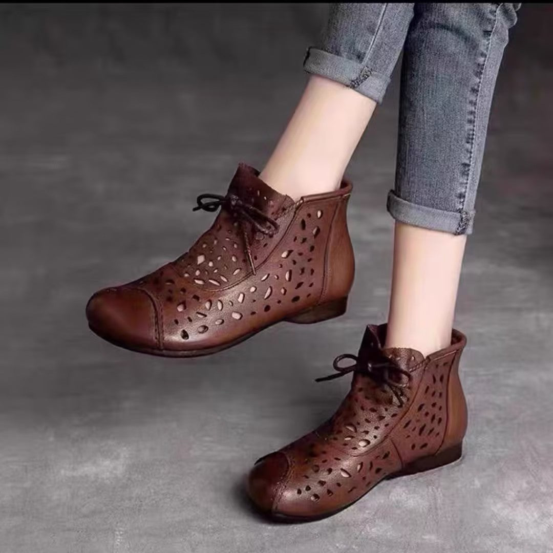 Women's soft leather openwork mesh ankle boots