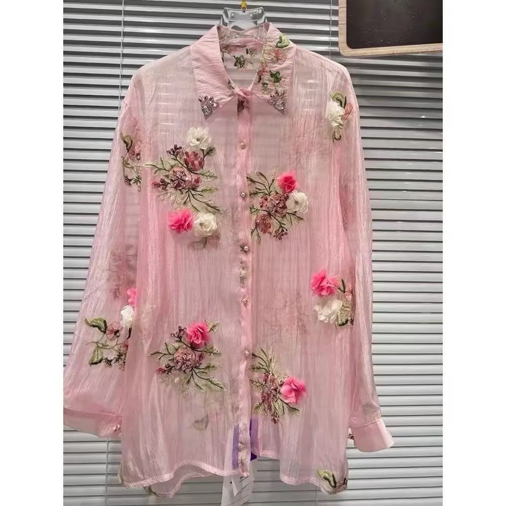 Women's 3D floral rhinestone thin shirt