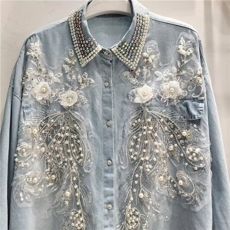 Women's denim beaded floral shirt