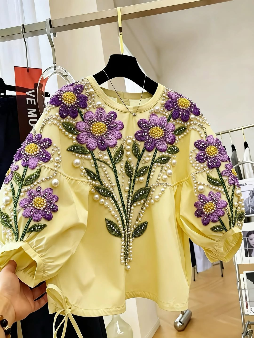 Women's purple floral embroidered top