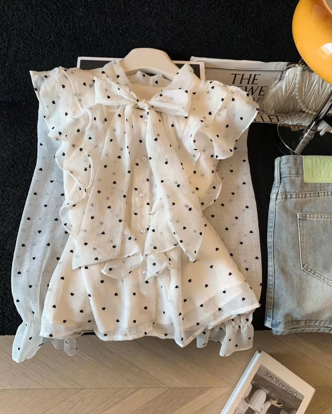 French-style polka dot ruffled shirt
